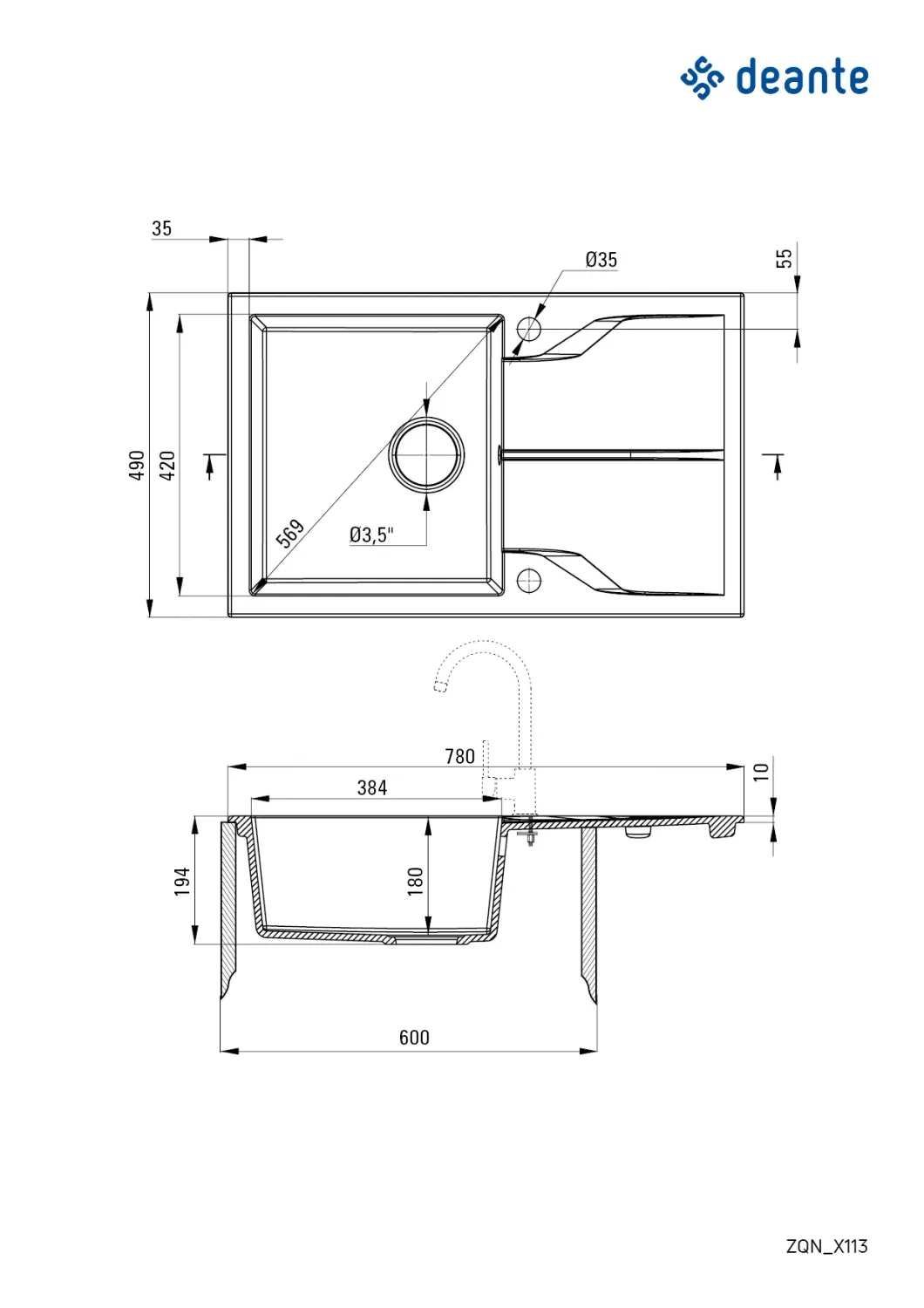 Évier de cuisine encastrable simple bac granit Deante Andante 78 x 49 cm en noir avec vidage automatique télescopique gain de place — vue 4