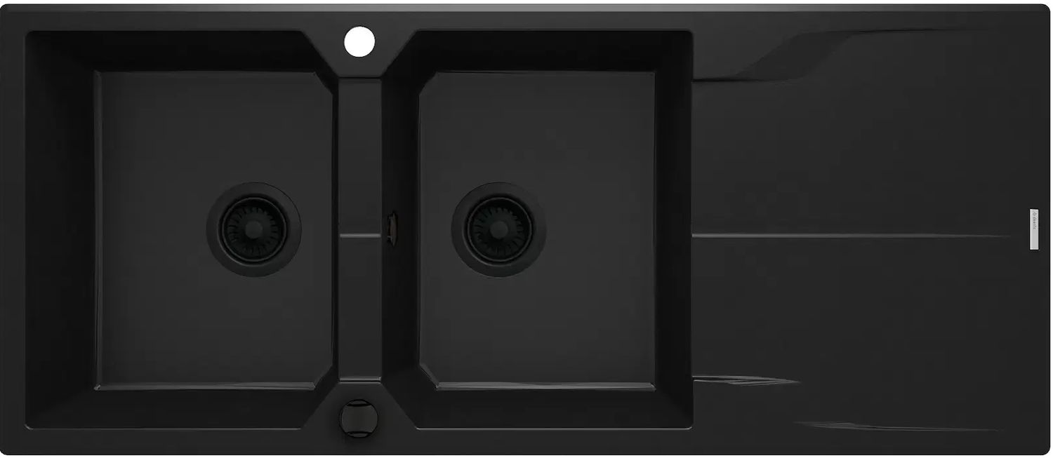 Deante Andante 116 x 50 cm Black Granite Double Bowl Built-In Kitchen Sink with Space-Saving Telescopic Drain