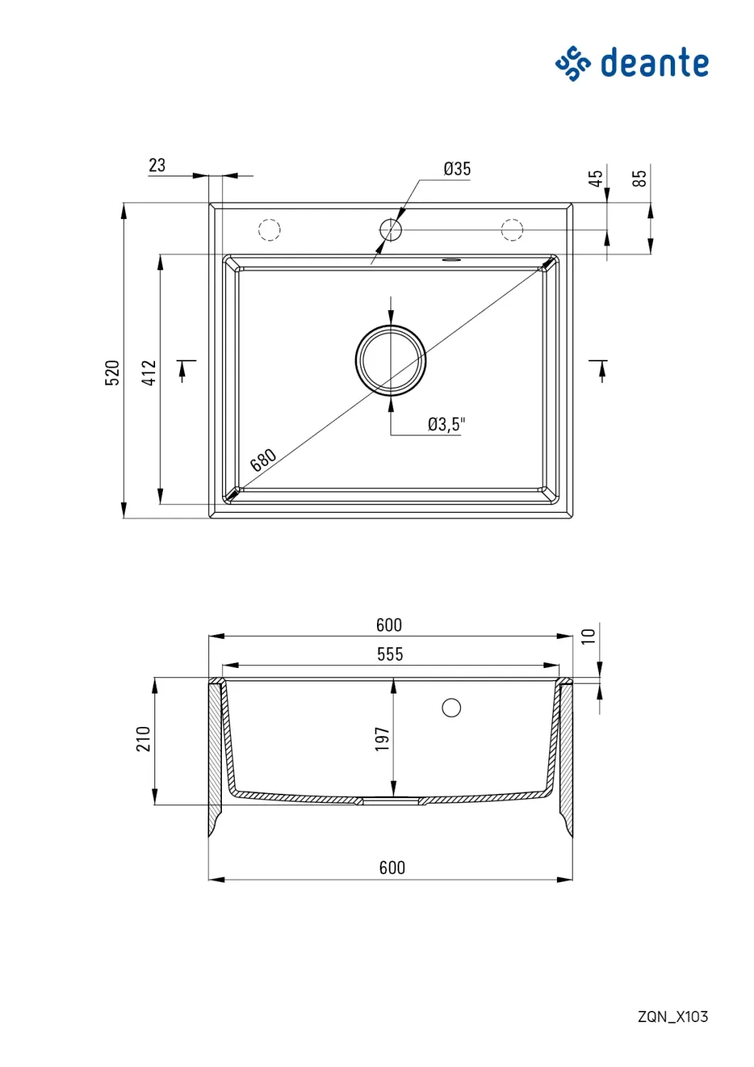 Évier de cuisine encastrable simple bac granit Deante Andante 60 x 52 cm en anthracite métallisé avec vidage automatique télescopique gain de place — vue 5
