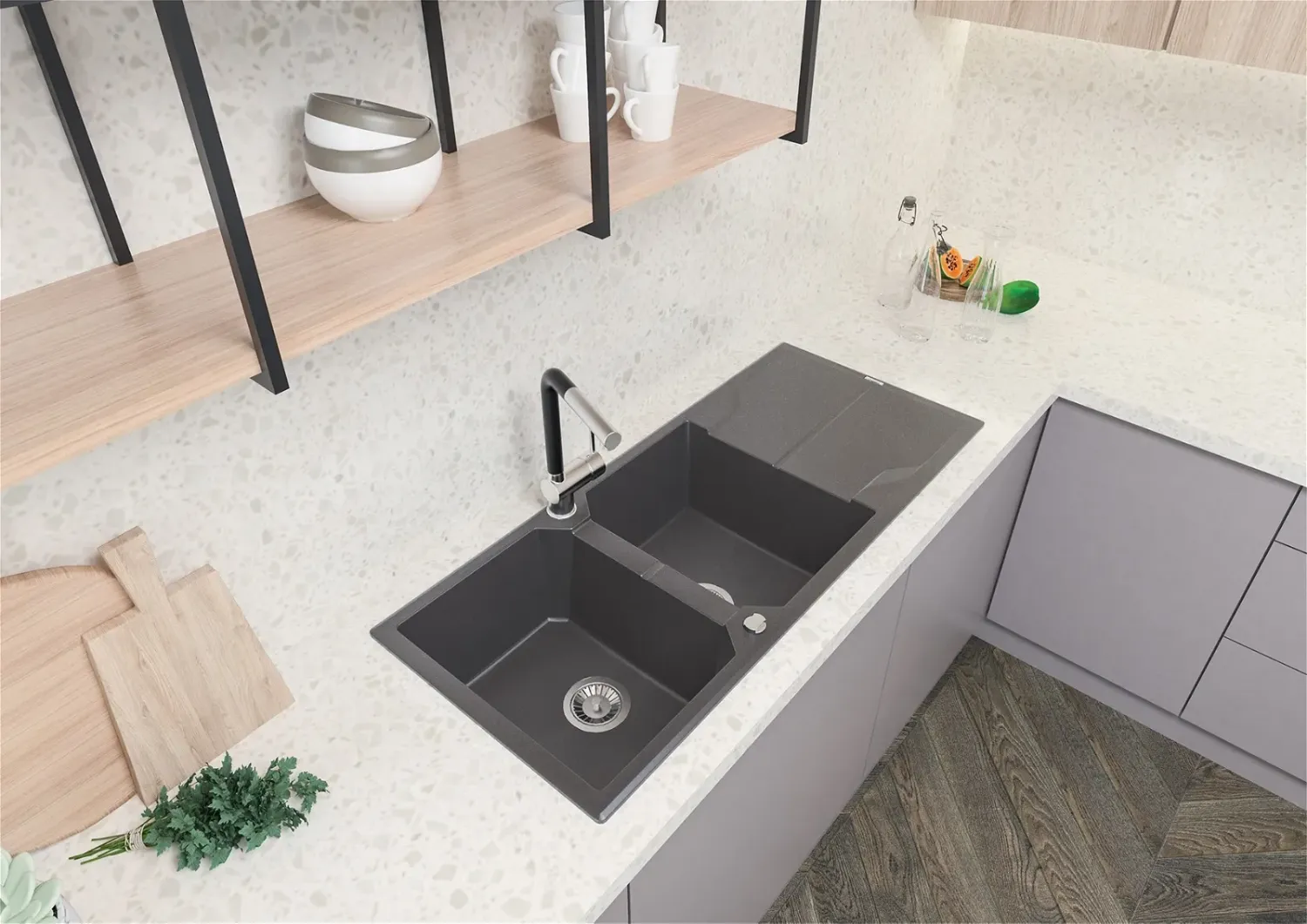 Deante Andante Built-In Double Bowl Granite Kitchen Sink 116 x 50 cm in Metallic Anthracite with Space-Saving Telescopic Drainage