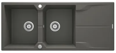 Deante Andante Built-In Double Bowl Granite Kitchen Sink 116 x 50 cm in Metallic Anthracite with Space-Saving Telescopic Drainage Deante Andante Built-In Double Bowl Granite Kitchen Sink 116 x 50 cm in Metallic Anthracite with Space-Saving Telescopic Drainage
