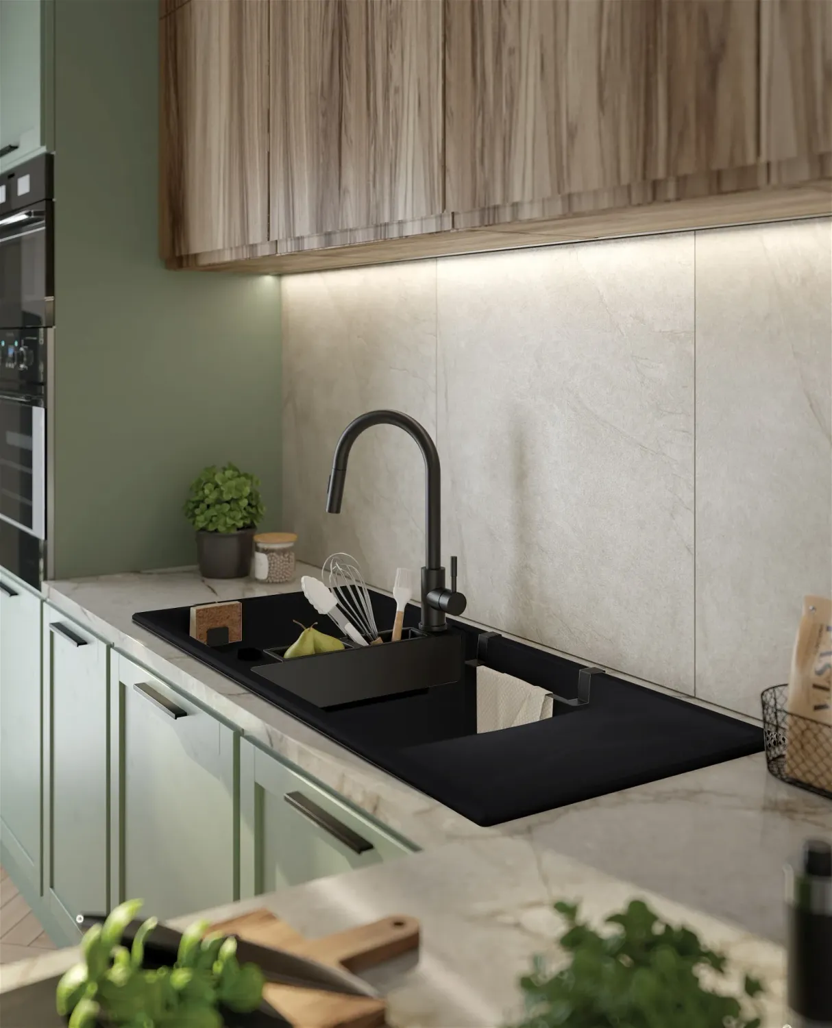 Built-in double-bowl granite kitchen sink Magnetic Deante 116 x 50 cm in black with space-saving telescopic drain