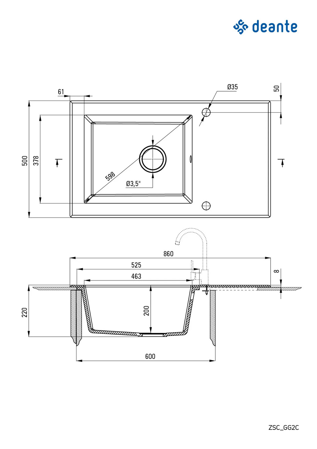 Évier de cuisine encastrable simple bac granit Deante Capella Precious 86 x 50 cm en verre avec vidage automatique télescopique gain de place — vue 4