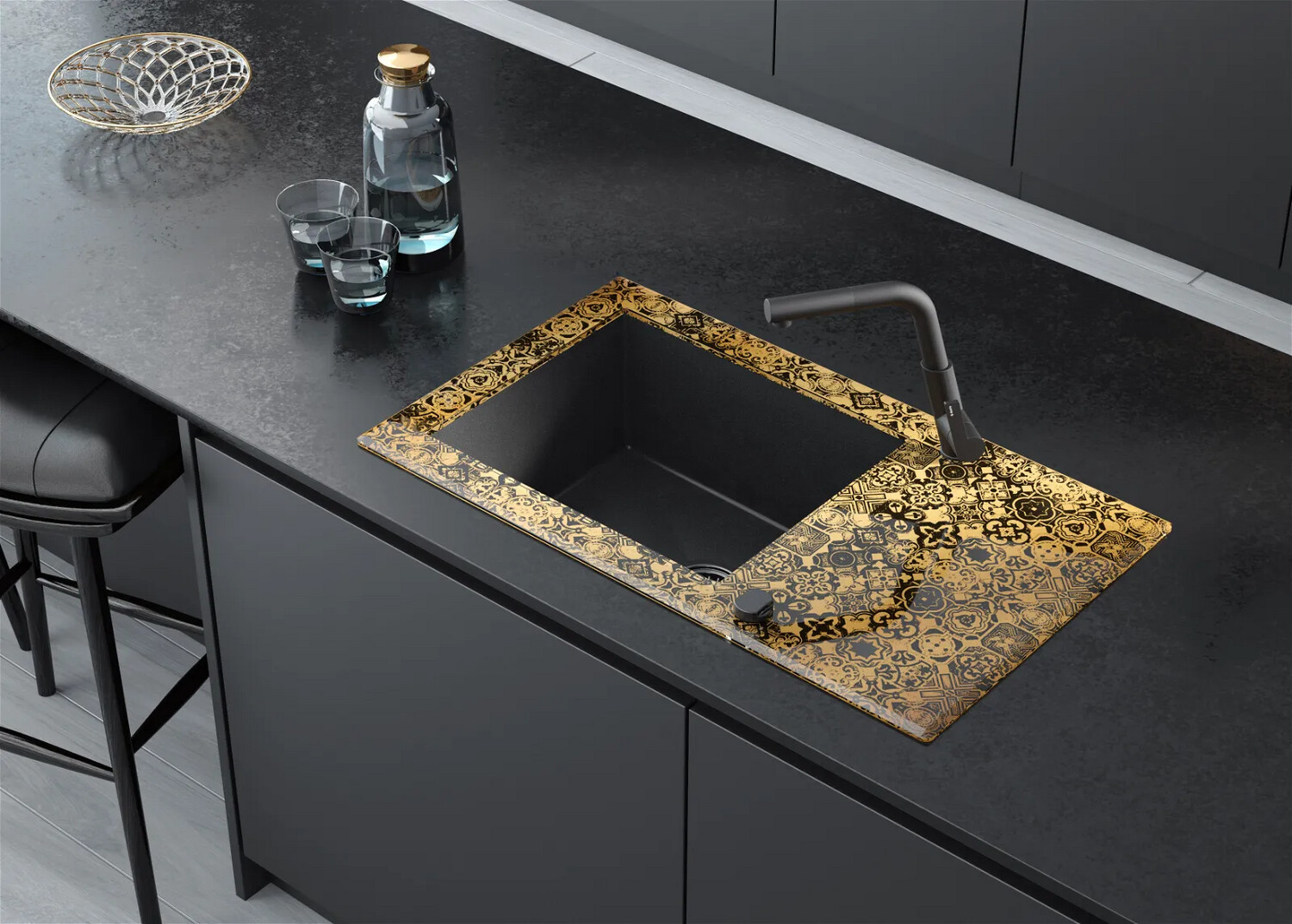 Deante Capella Precious 86 x 50 cm Single Bowl Granite Built-In Kitchen Sink with Glass and Space-Saving Telescopic Drainage