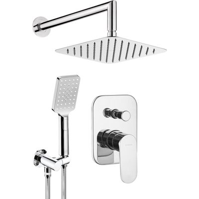 Ensemble de douche encastré Deante Alpinia 250 en chromé Ensemble de douche encastré chromé Deante Alpinia 250 avec pommeau de douche carré et douchette à main.