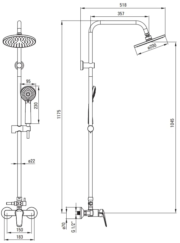 Shower Column Deante Boro 200 with Mechanical Mixer in Matte Black
