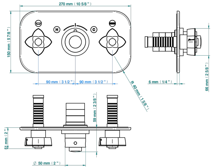 Set de finition THG pour douche thermostatique à encastrer avec deux robinets d'arrêt pour installation horizontale à 2 fonctions - Collection "Pétale de Cristal Clair liseré doré" — vue 4