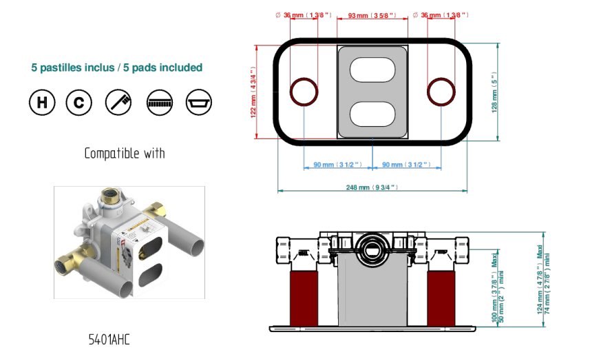 Set de finition THG pour douche thermostatique à encastrer avec deux robinets d'arrêt pour installation horizontale à 2 fonctions - Collection "Pétale de Cristal Clair liseré doré" — vue 5