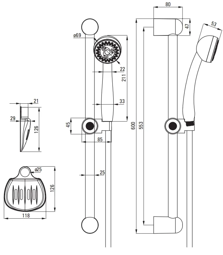 Shower Bar Deante Fresh with Handheld Shower 2 Jets, Flexible and Soap Holder in Chrome