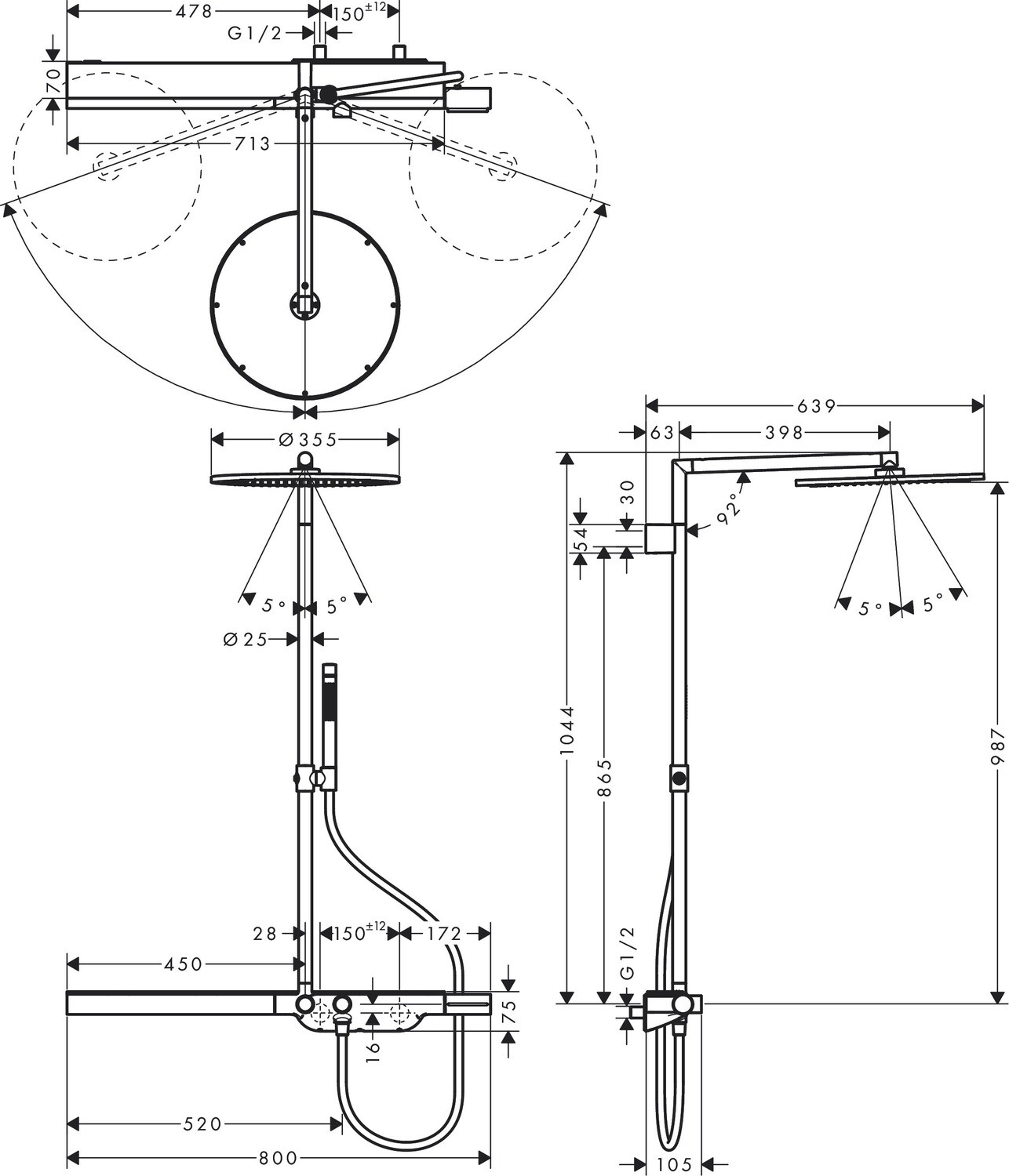 Colonne de douche Showerpipe Axor ShowerSolutions avec mitigeur thermostatique en doré poli — vue 4