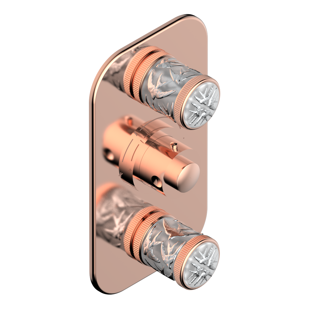 Set de finition THG pour douche thermostatique à encastrer avec deux robinets d'arrêt à 2 fonctions - Collection "Hirondelles tamponnées platine" — vue 4