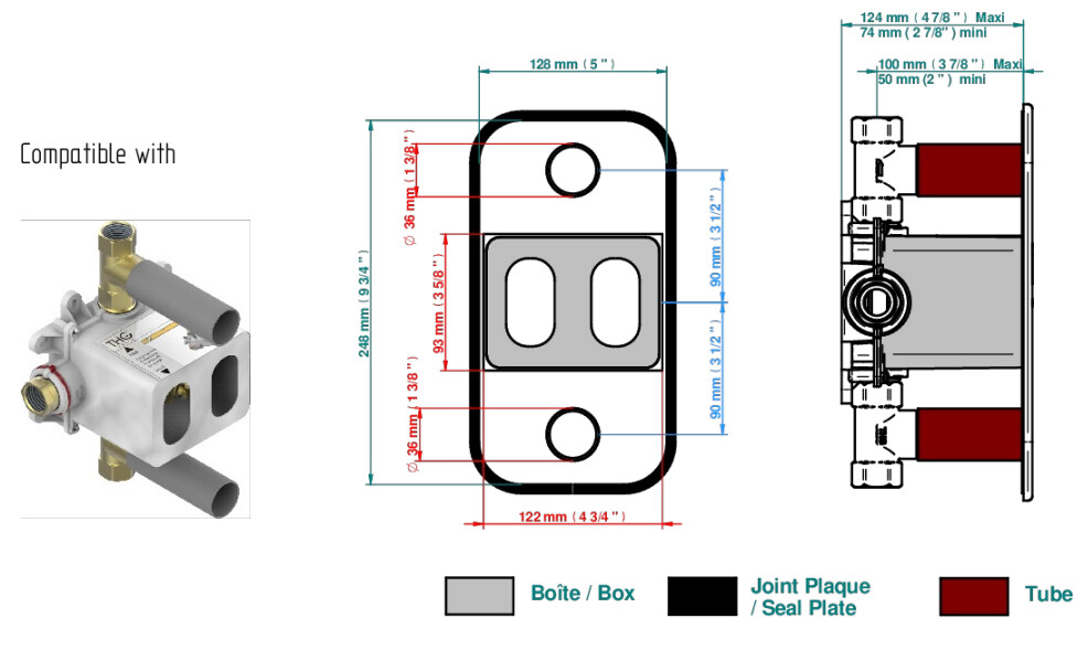 Set de finition THG pour douche thermostatique à encastrer avec deux robinets d'arrêt à 2 fonctions - Collection "Hirondelles tamponnées platine" — vue 5