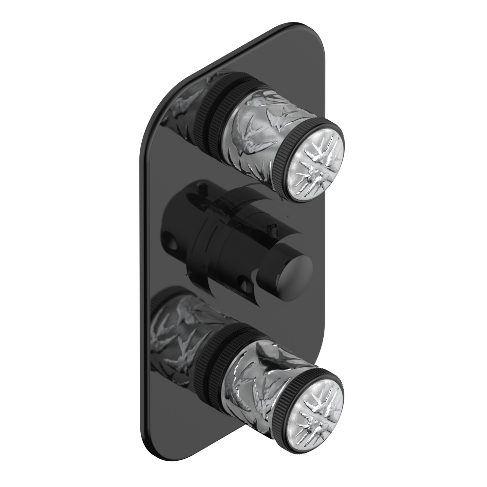 Set de finition THG pour douche thermostatique à encastrer avec deux robinets d'arrêt à 2 fonctions - Collection "Hirondelles tamponnées platine" — vue 2