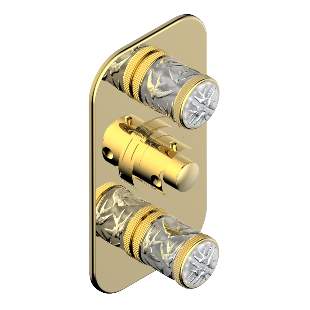 Set de finition THG pour douche thermostatique à encastrer avec deux robinets d'arrêt à 2 fonctions - Collection "Hirondelles tamponnées platine" — vue 3