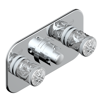 Set de finition THG pour douche thermostatique à encastrer avec deux robinets d'arrêt pour installation horizontale à 2 fonctions - Collection "Hirondelles tamponnées platine"