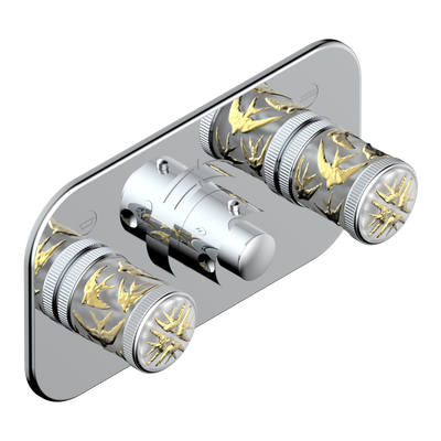 Set de finition THG pour douche thermostatique à encastrer avec deux robinets d'arrêt pour installation horizontale à 2 fonctions - Collection "Hirondelles tamponnées Or"
