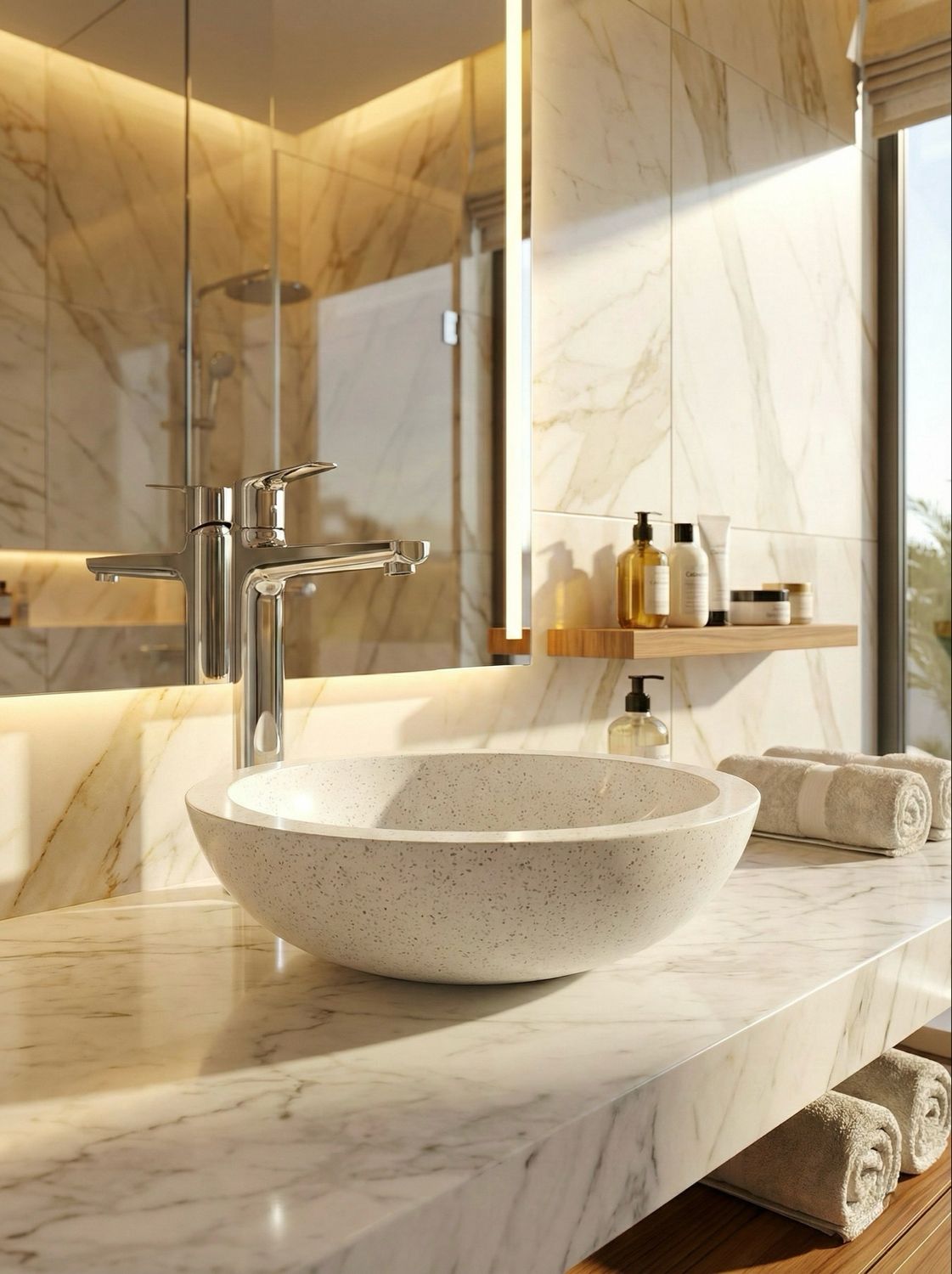 Vasque à effet marbre blanc, 44 cm, sur plan de travail de salle de bains avec robinetterie moderne et articles de toilette.