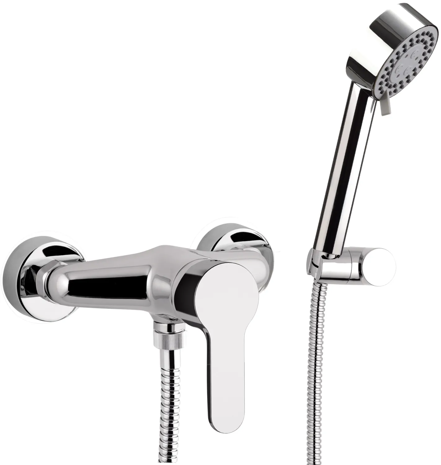 Exposed shower mixer Remer Winner with hose, 4-jet hand shower, and articulated chrome-plated brass holder