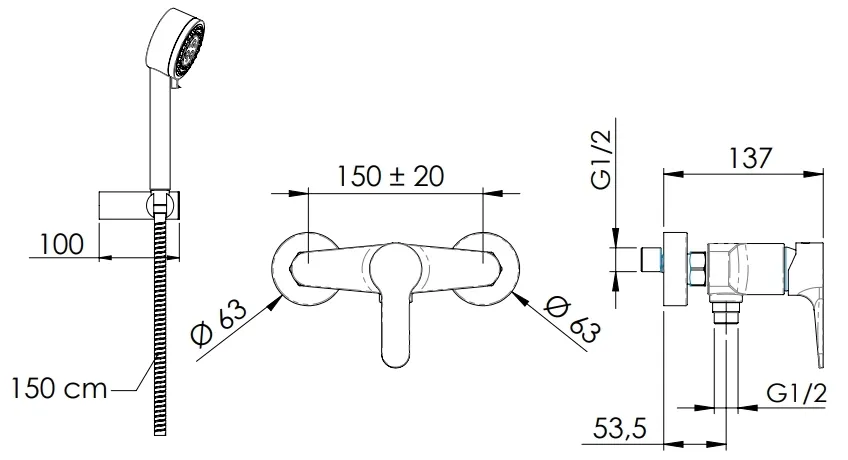 Mitigeur de douche apparent Remer Winner avec flexible, douchette 4 jets et support articulé en laiton chromé — vue 2