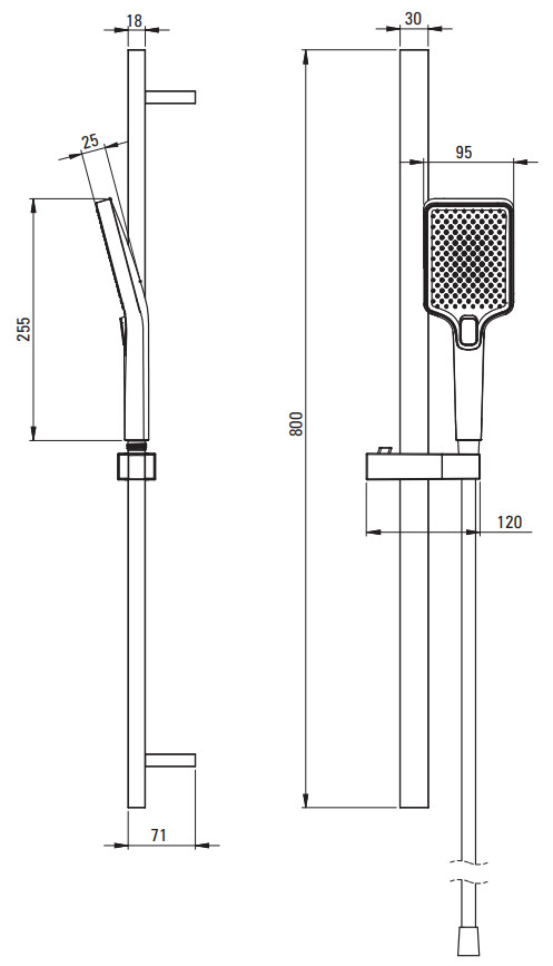 Barre de douche Deante Anemon avec pommeau de douche à main et flexible de 1,5 m, vue en dessin technique.