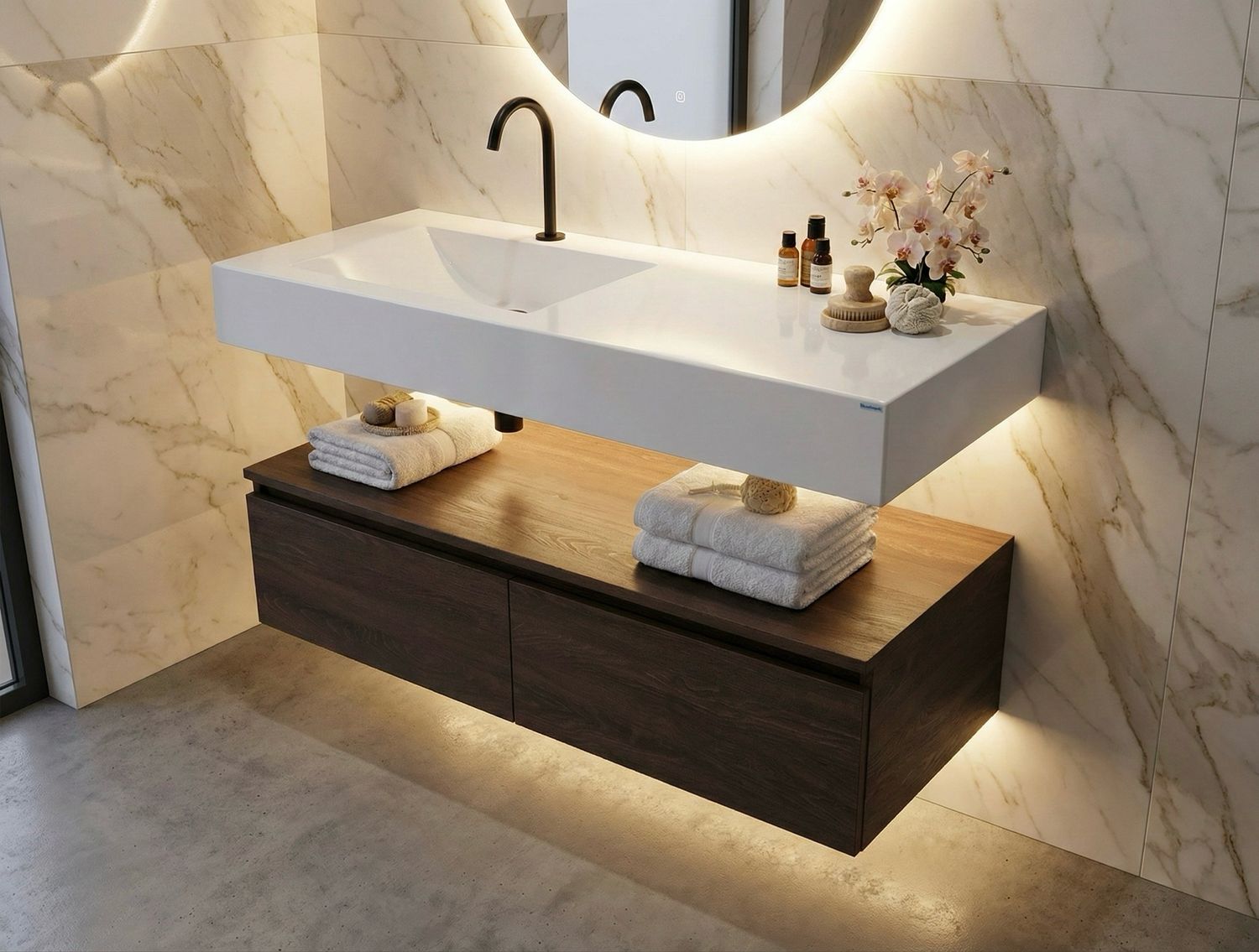 Meuble bas suspendu 120 cm pour salle de bain à deux tiroirs (sans vasque)