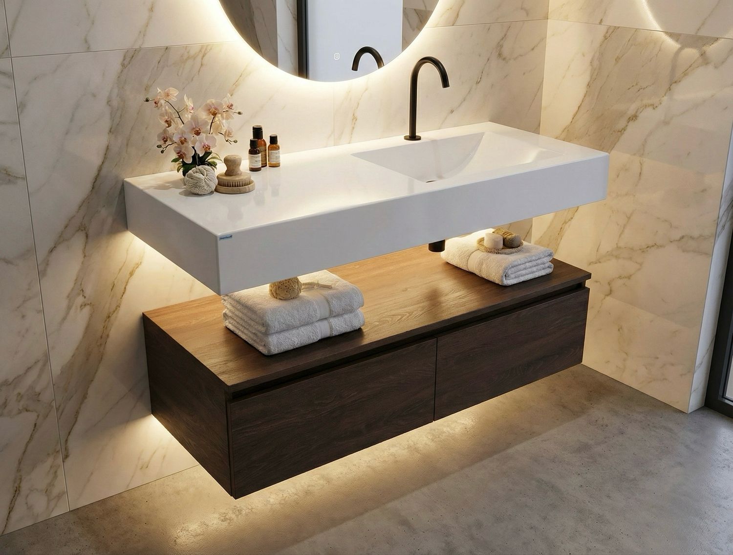 Meuble bas suspendu 120 cm pour salle de bain à deux tiroirs (sans vasque)