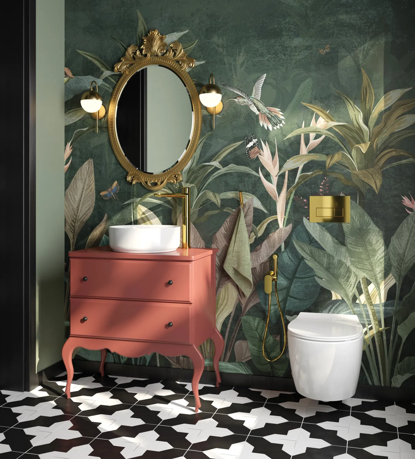 Robinet doré sur meuble-lavabo rose avec lavabo blanc et carrelage noir et blanc au sol.