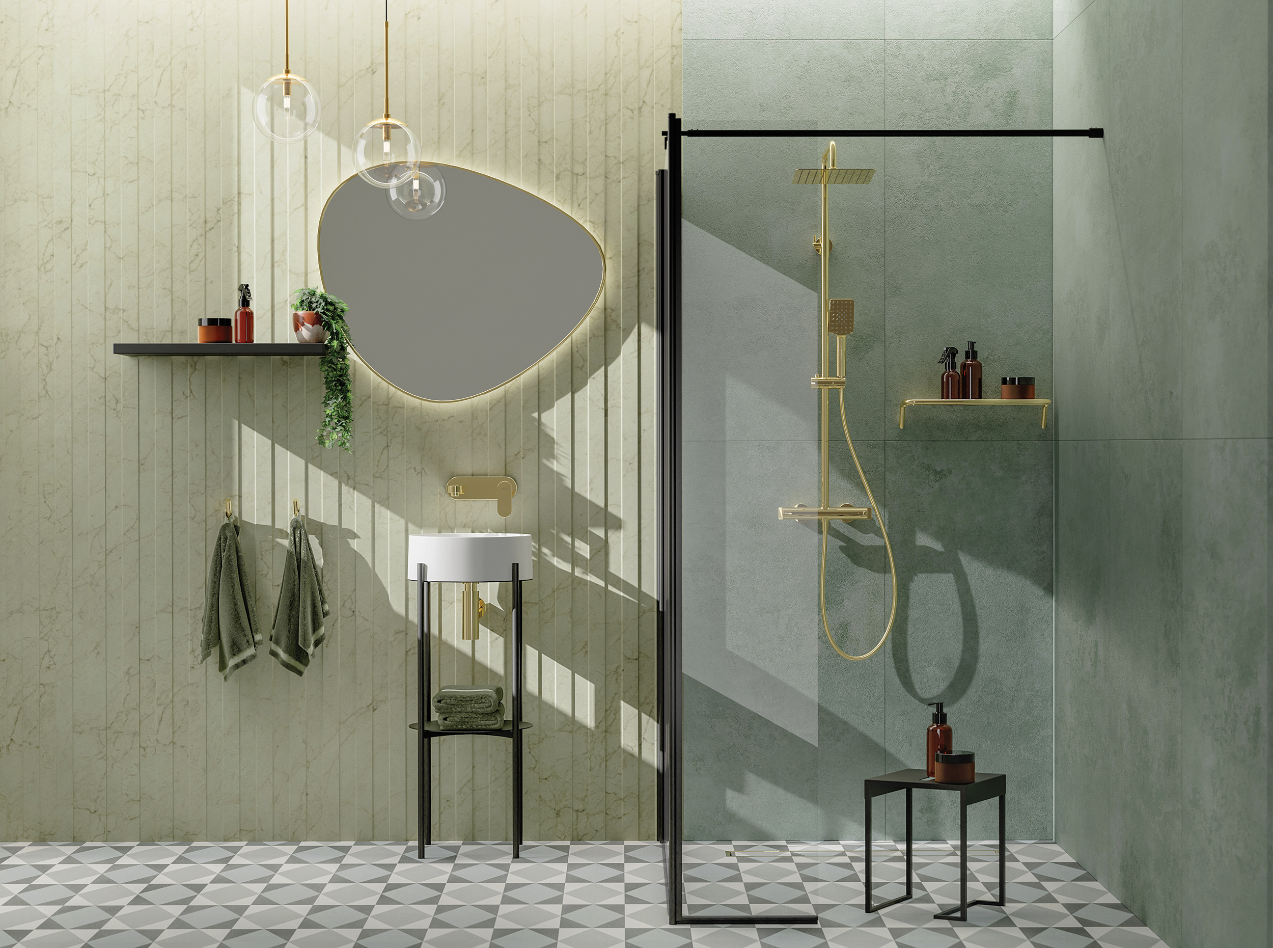 Colonne de douche carrée Deante 250 avec mitigeur thermostatique en PVD doré poli et douchette à main 3 jets - vue 3