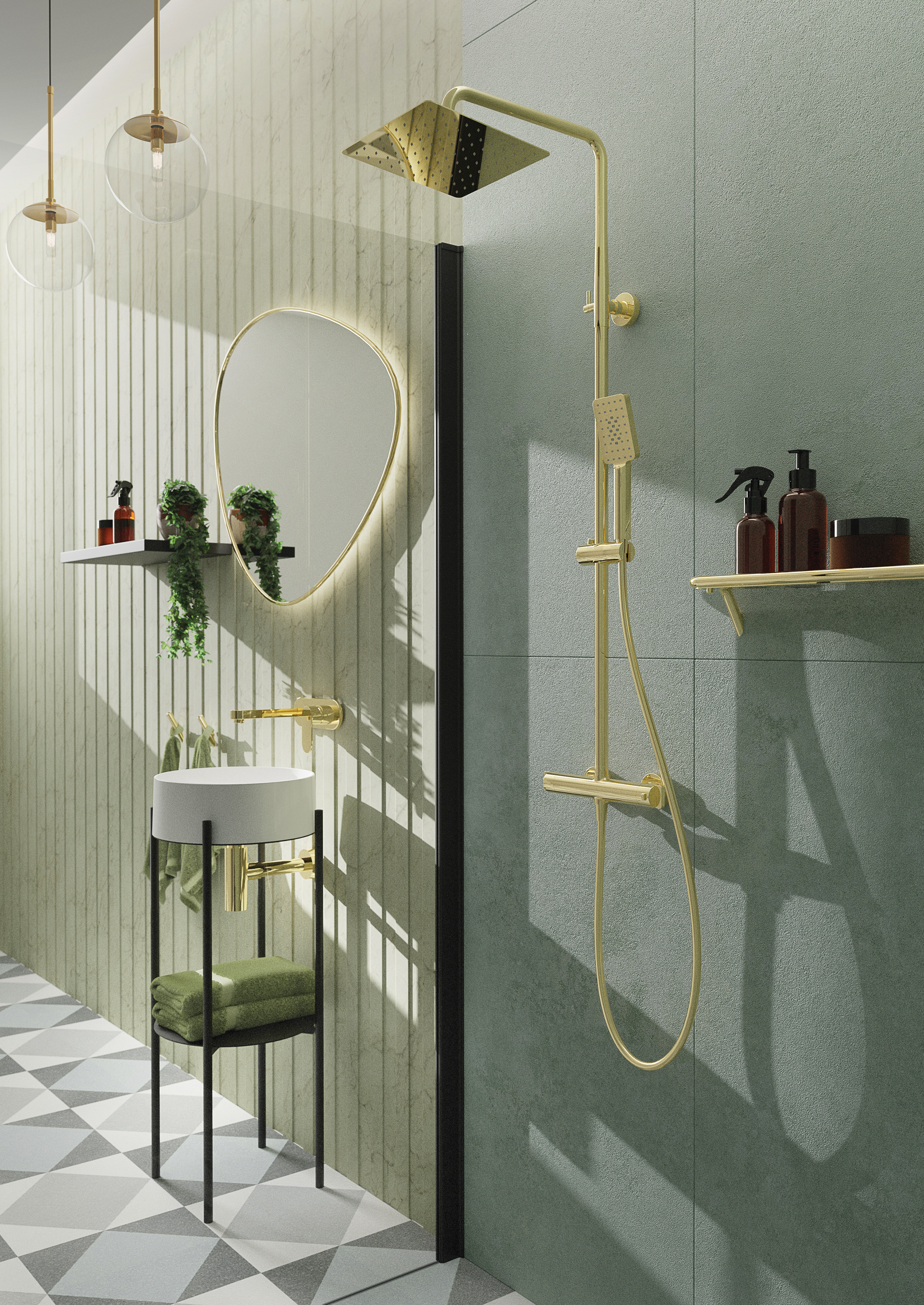 Colonne de douche carrée Deante 250 avec mitigeur thermostatique en PVD doré poli et douchette à main 3 jets - vue 2