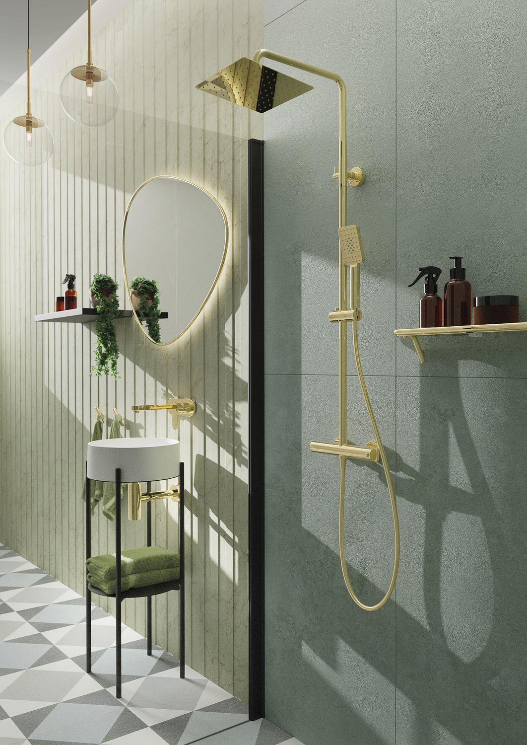 Colonne de douche carrée Deante 250 avec mitigeur thermostatique en PVD doré poli et douchette à main 3 jets — vue 2