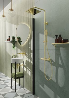 Colonne de douche carrée Deante 250 avec mitigeur thermostatique en PVD doré poli et douchette à main 3 jets
