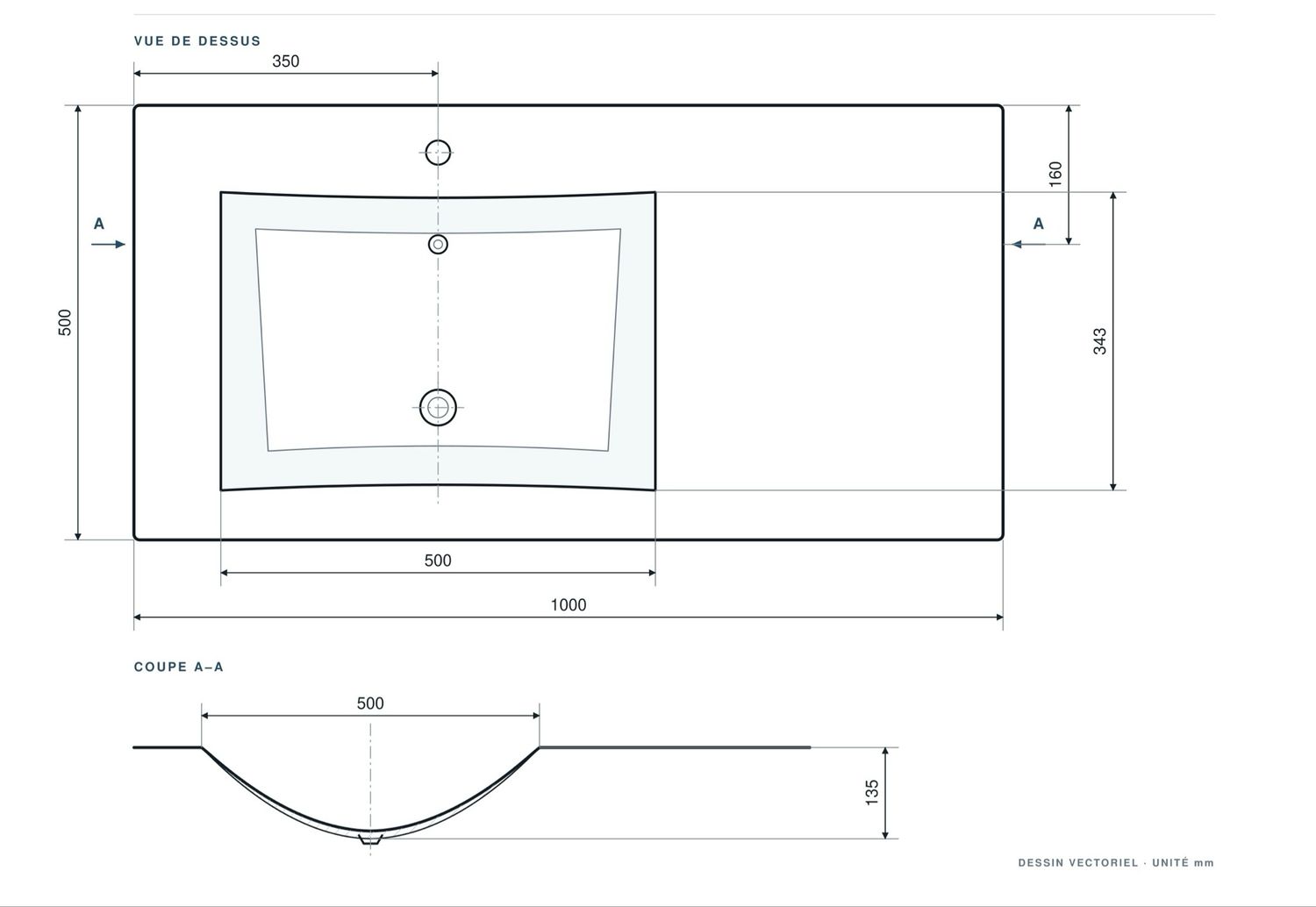 Vanity top Spazio 100 cm offset — Product view 4