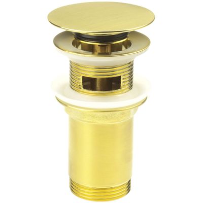 Bonde d'évier clic-clac en laiton brossé doré, diamètre 68 mm, hauteur 123 mm, de forme ronde.