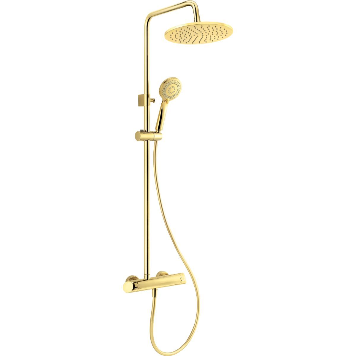 Colonne de douche Deante Arnika 250 dorée avec thermostat et pommeau de douche à main en laiton poli PVD.