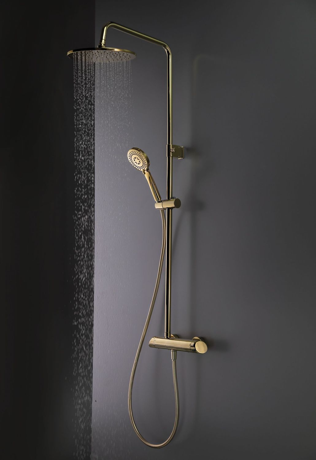 Colonne de douche Deante Arnika 250 avec mitigeur thermostatique en PVD doré poli et douchette à main 3 jets