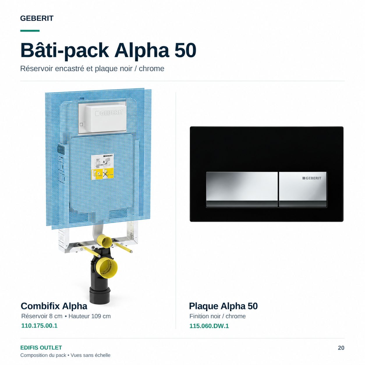 Geberit Bâti-pack® wall-hung frame with Alpha 50 black chrome design plate
