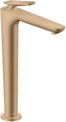 Mitigeur de lavabo AXOR Citterio C 250 surélevé CoolStart avec poignée manette coupe cubique et bonde à écoulement libre en bronze brossé Mitigeur de lavabo AXOR Citterio C 250 surélevé CoolStart avec poignée manette coupe cubique et bonde à écoulement libre en bronze brossé