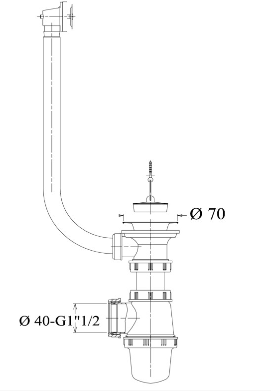 Ensemble de vidange d'évier de cuisine avec tuyau de siphon et de trop-plein de 60 mm de diamètre, ø 70, ø 40-G1 1/2.