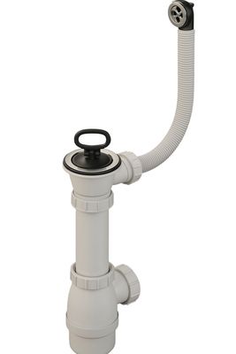 Tuyau d'évacuation blanc pour évier de cuisine avec poignée noire et tuyau flexible, diamètre standard de 60 mm.