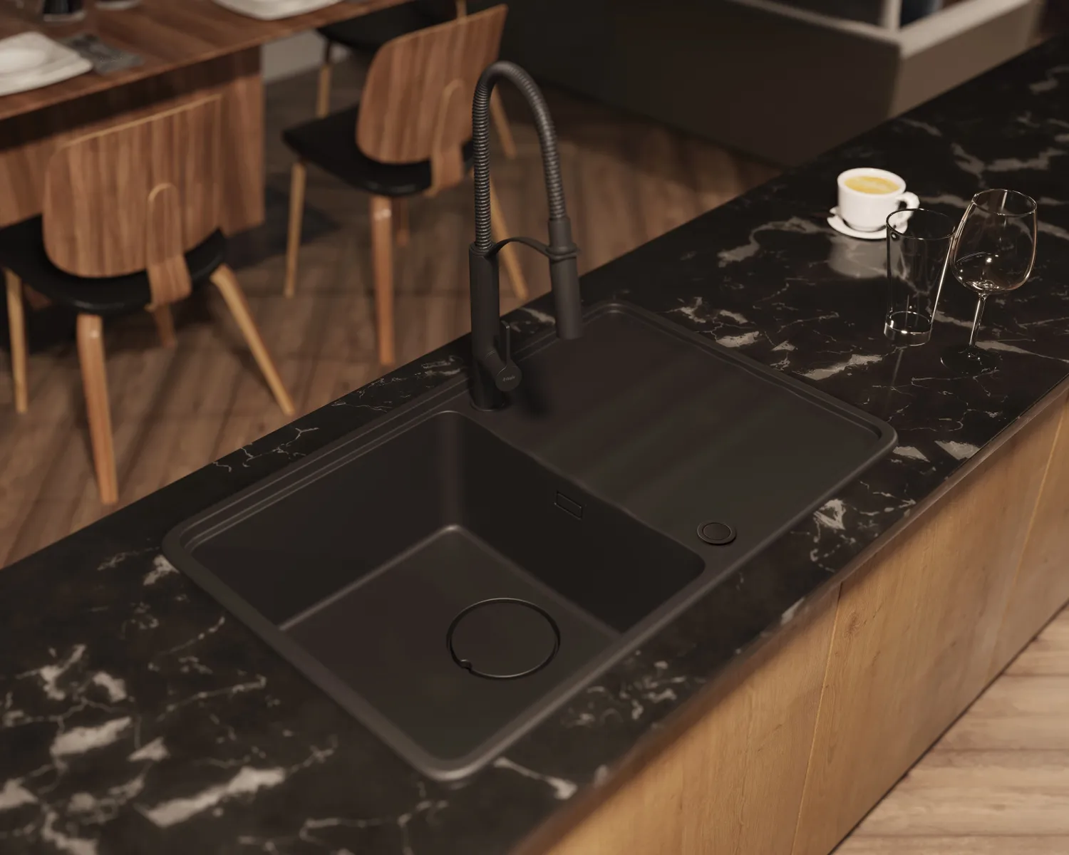 Built-in kitchen sink single bowl with drainer granite Deante Momi 67 x 44 cm in metallic graphite with automatic drainage