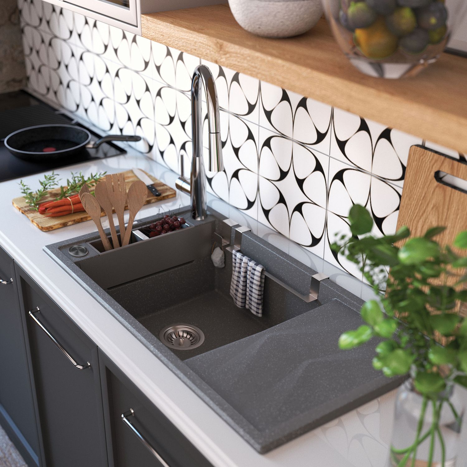 Built-in kitchen sink single bowl with drainer granite Deante Magnetic 82 x 50 cm in metallic gray with automatic drainage