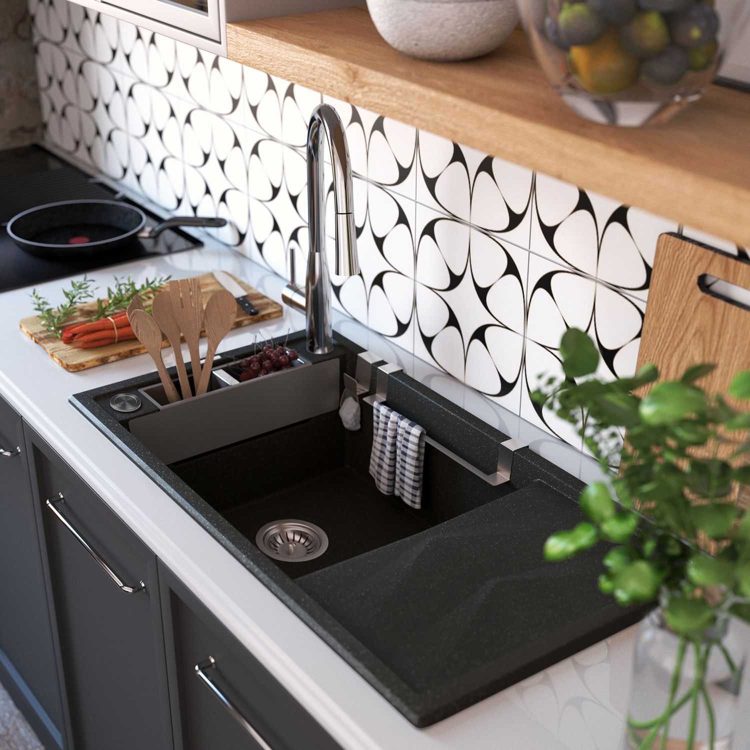 Built-in kitchen sink, single bowl with drainer, granite Deante Magnetic 82 x 50 cm in metallic graphite with automatic drainage