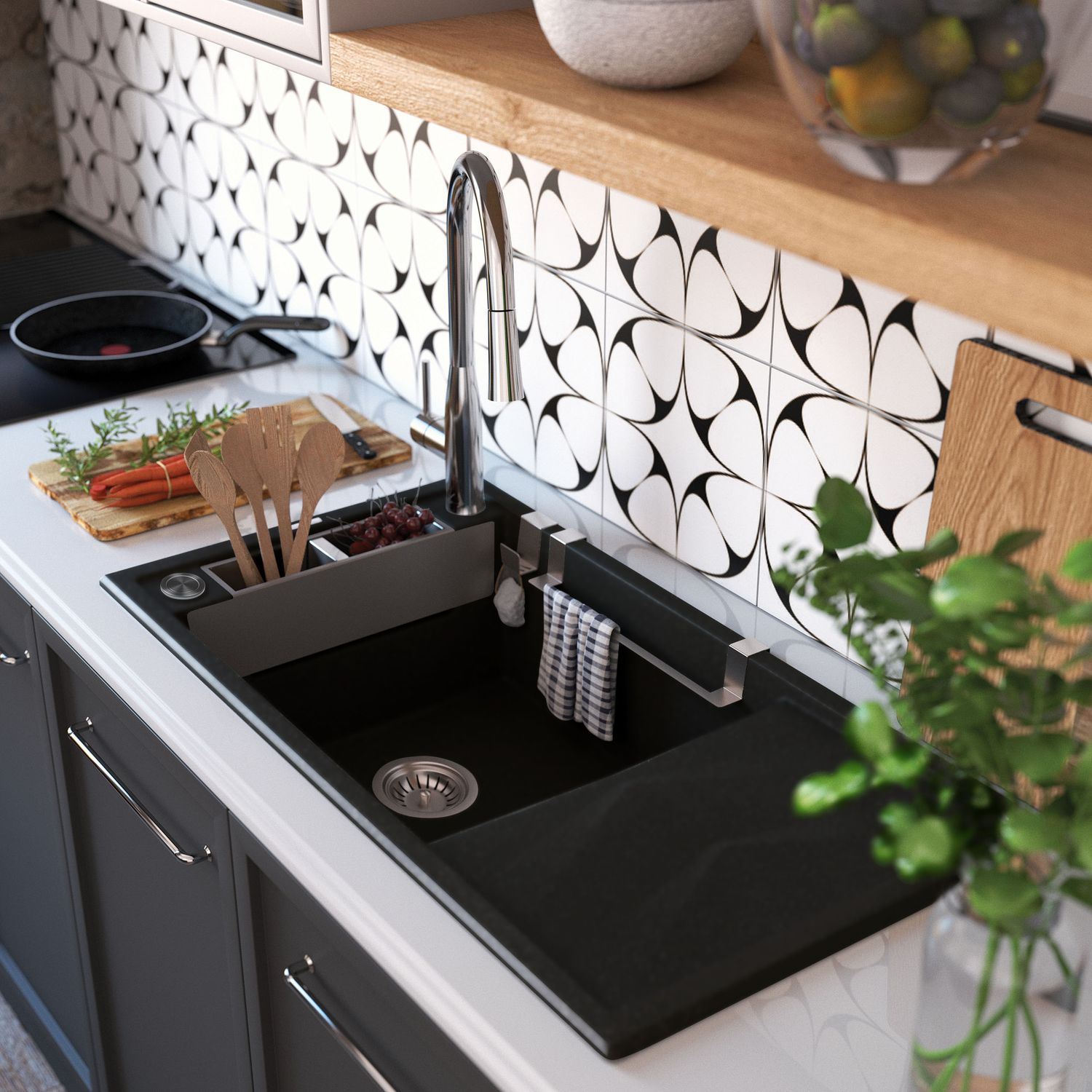 Évier de cuisine encastrable simple bac avec égouttoir granit Deante Magnetic 82 x 50 cm en noir mat avec vidage automatique télescopique gain de place — vue 3