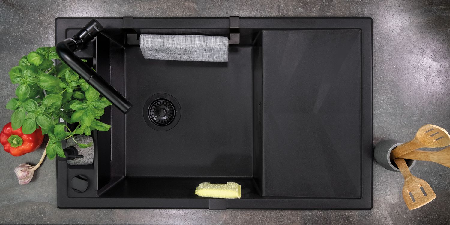 Built-in kitchen sink single bowl with drainer granite Deante Magnetic 82 x 50 cm in matte black with automatic drainage