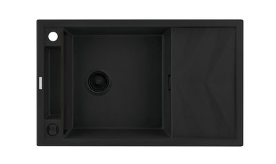 Évier de cuisine Deante en granit noir magnétique 82x50cm avec égouttoir et vidange automatique en noir mat.