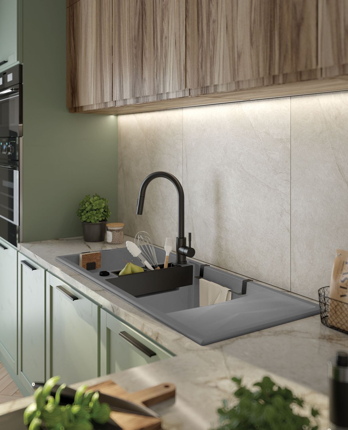 Built-in kitchen sink with double granite bowl Magnetic Deante 116 x 50 cm in metallic gray with space-saving telescopic drainage