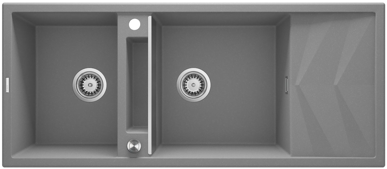 Built-in kitchen sink with double granite bowl Magnetic Deante 116 x 50 cm in metallic gray with space-saving telescopic drainage