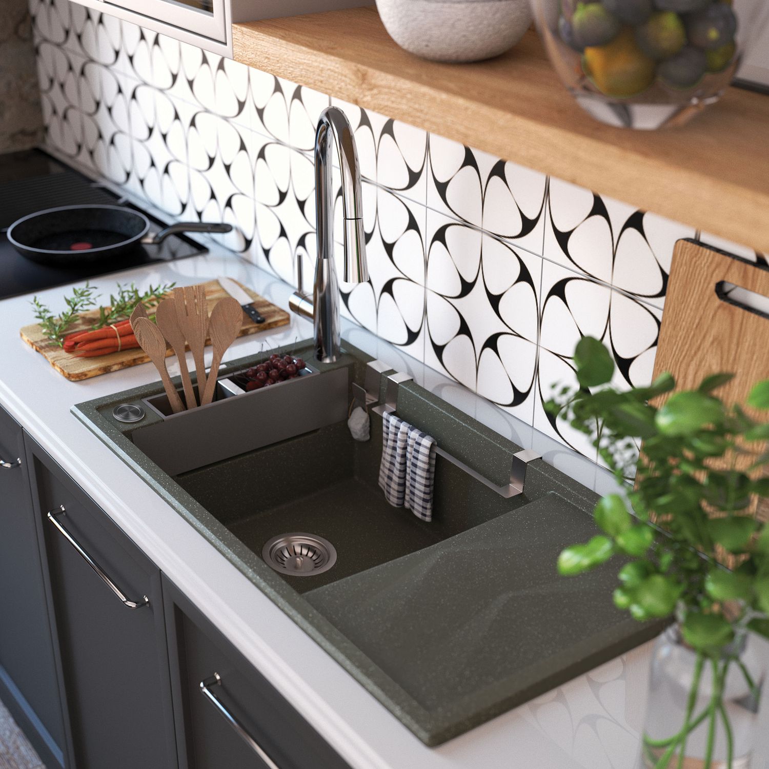 Built-in single-bowl kitchen sink with drainer in anthracite metallic granite Deante Magnetic 82 x 50 cm with automatic drainage