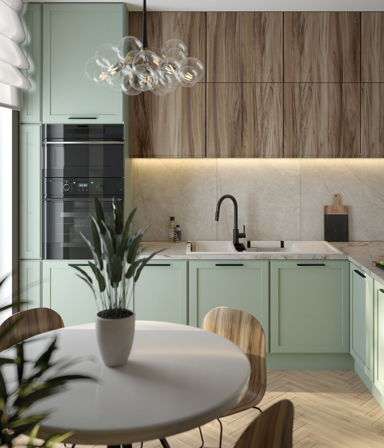 Built-in double bowl granite kitchen sink Magnetic Deante 116 x 50 cm in alabaster white with space-saving telescopic drainage