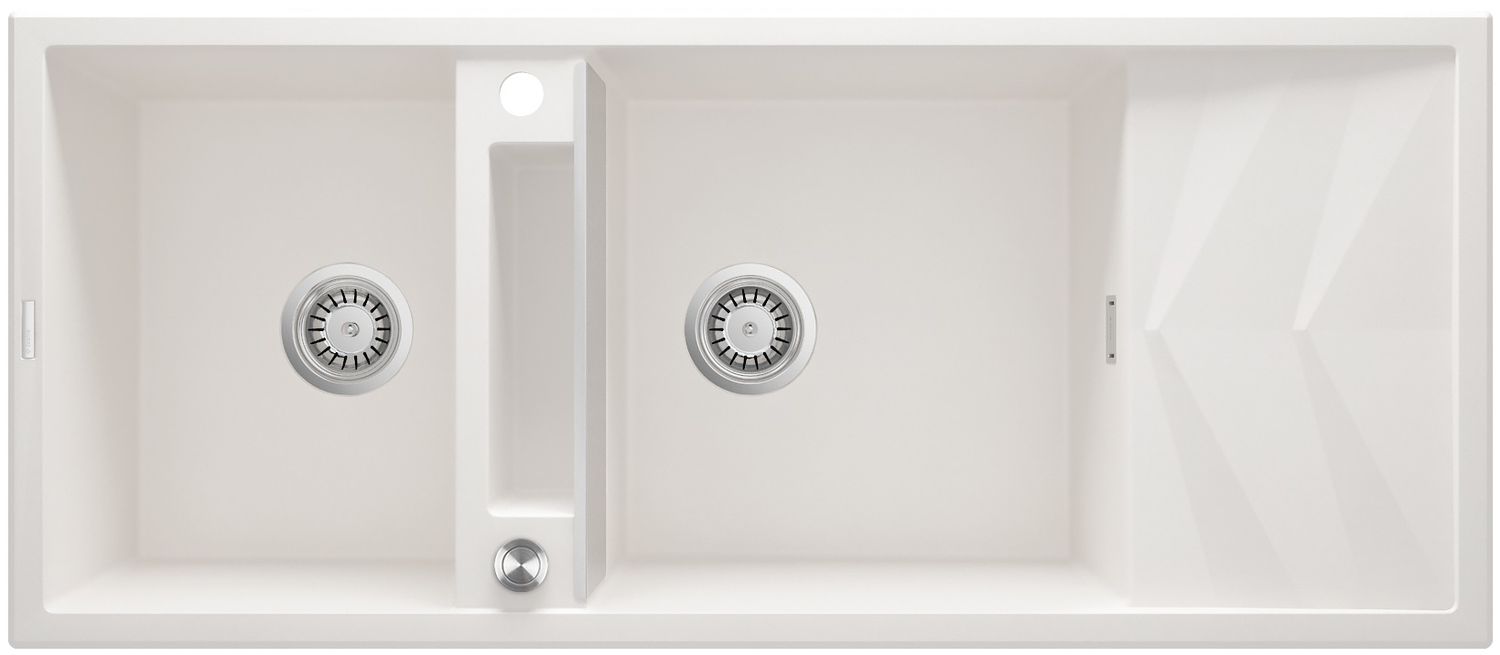 Built-in double bowl granite kitchen sink Magnetic Deante 116 x 50 cm in alabaster white with space-saving telescopic drainage